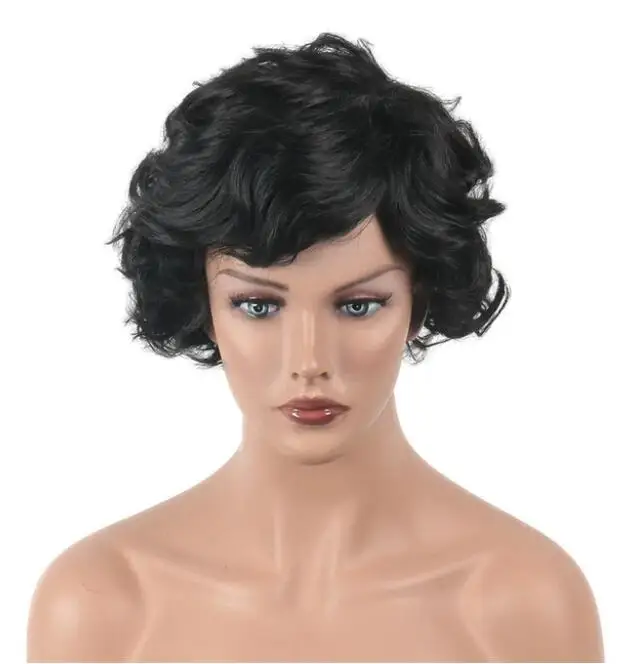 Black Short Wigs Sythetic Fiber Curly Hair Wigs for Black Women Full Bangs Heat Resistant Peluca