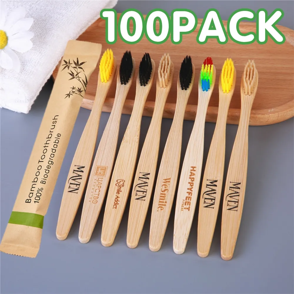 Custom Logo Toothbrushes 100PCS BPA Free Medium Soft Bristles for Adults, Eco-Friendly Natural Wooden Toothbrush Bulk