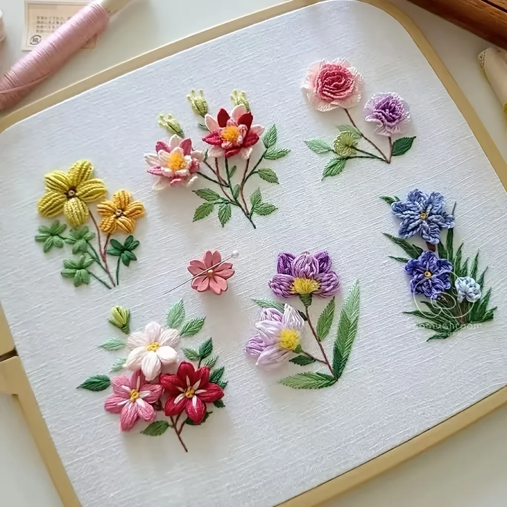 3D handcrafted DIY embroidery kit, includes 6 colorful three-dimensional flowers, perfect for spring decoration. The kit comes w