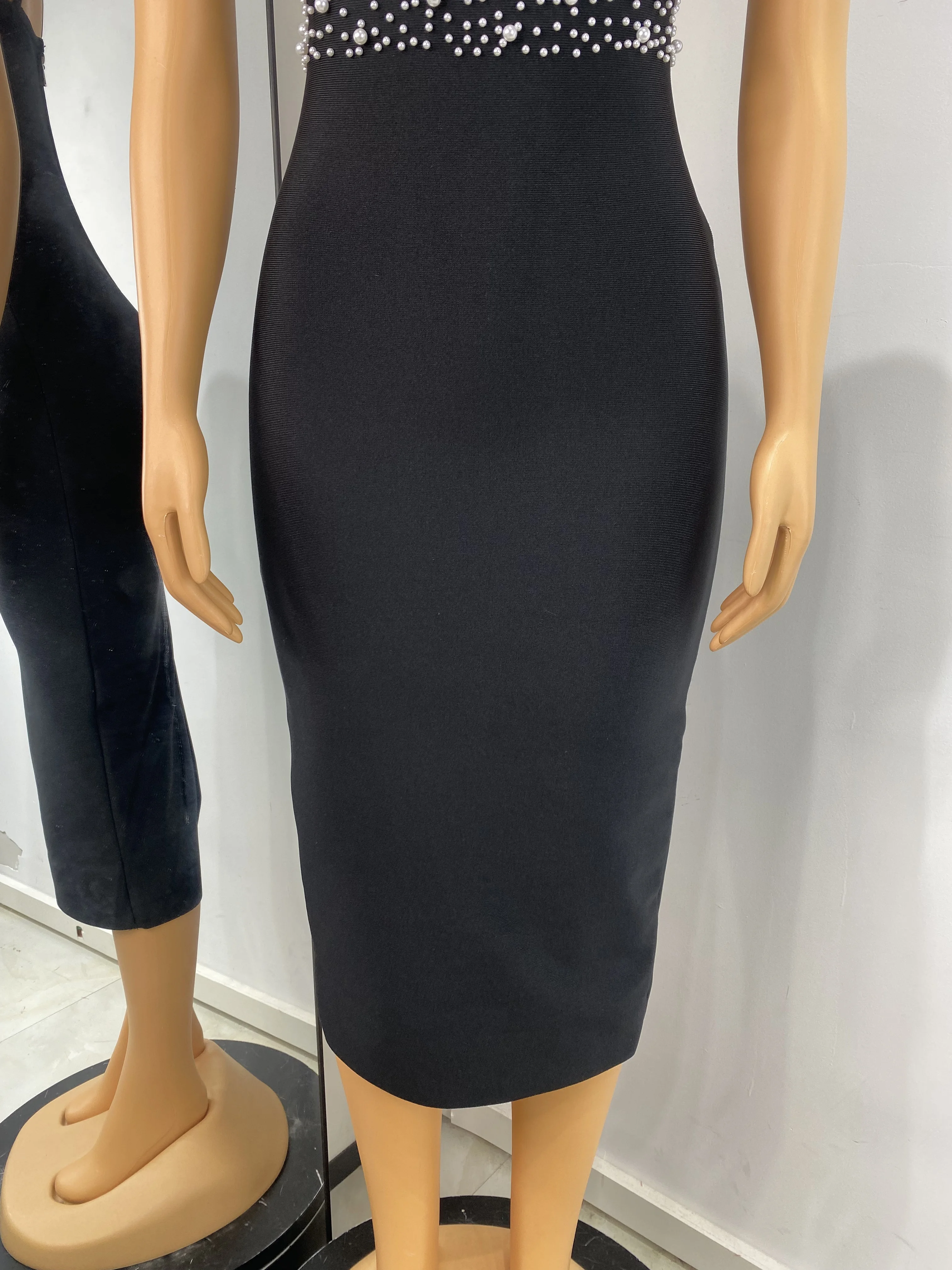 Vestido Bandage negro de verano para mujer, vestido largo con tirantes finos y cuello en V con perlas y pedrería, vestidos de fiesta para discoteca de noche de calle alta