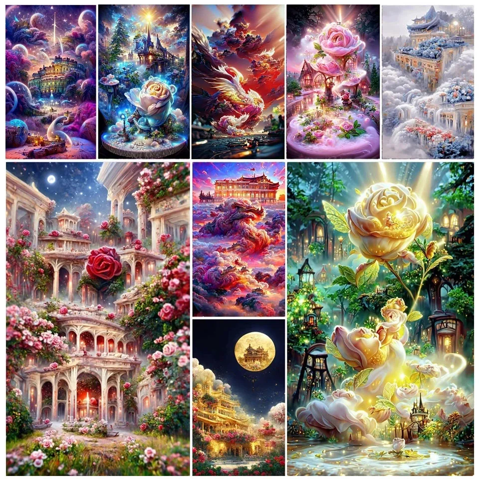 Kit di pittura diamante fai da te rosa fantasy Chateau Montrose Dream Flower trapano completo diamante mosaico ricamo regalo decorazioni per la casa