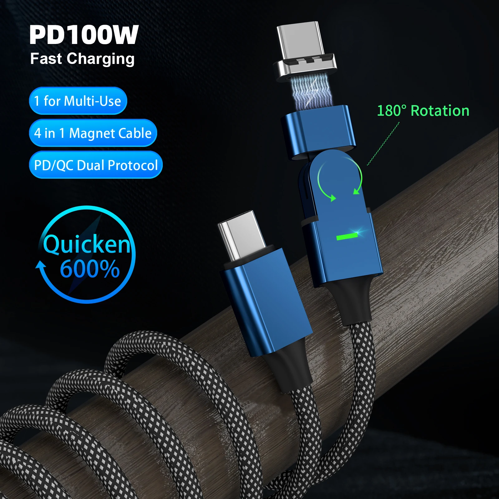 PD100W 180° Rotate Charging Cable USB C Magnetic Cable Type C Cable to Lightning Cable For iOS Xiaomi Type C to Multi Connector