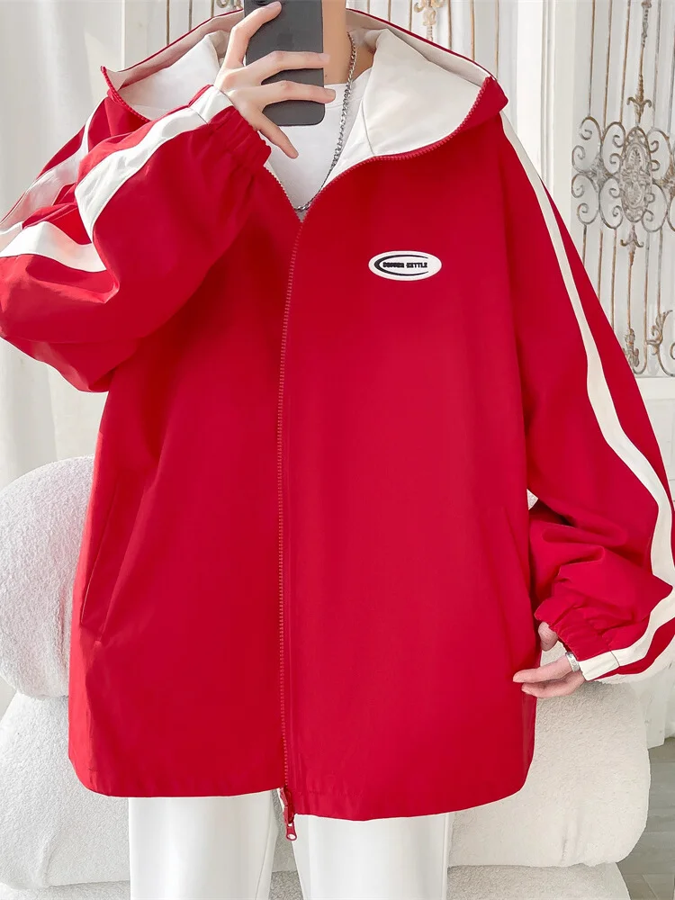 

Красная куртка с капюшоном для мужчин, весенне-осенняя, для активного отдыха, двусторонняя, модная, молодежная, свободного кроя, ветрозащитная