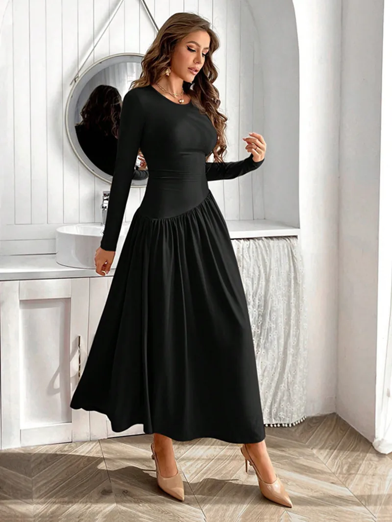 Women Solid Full Sleeve Dresses Autumn And Winter Sexy Black Long Dress Patchwork Fold Slim Fit Casual Shirt Fashion Y2k Clothes