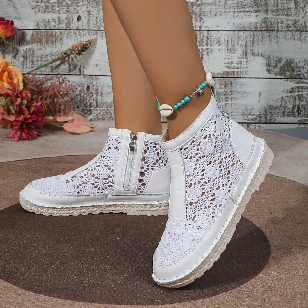 Malha legal botas para mulher 2025 novo verão fino respirável versátil botas curtas com zíper malha oco botas abertas