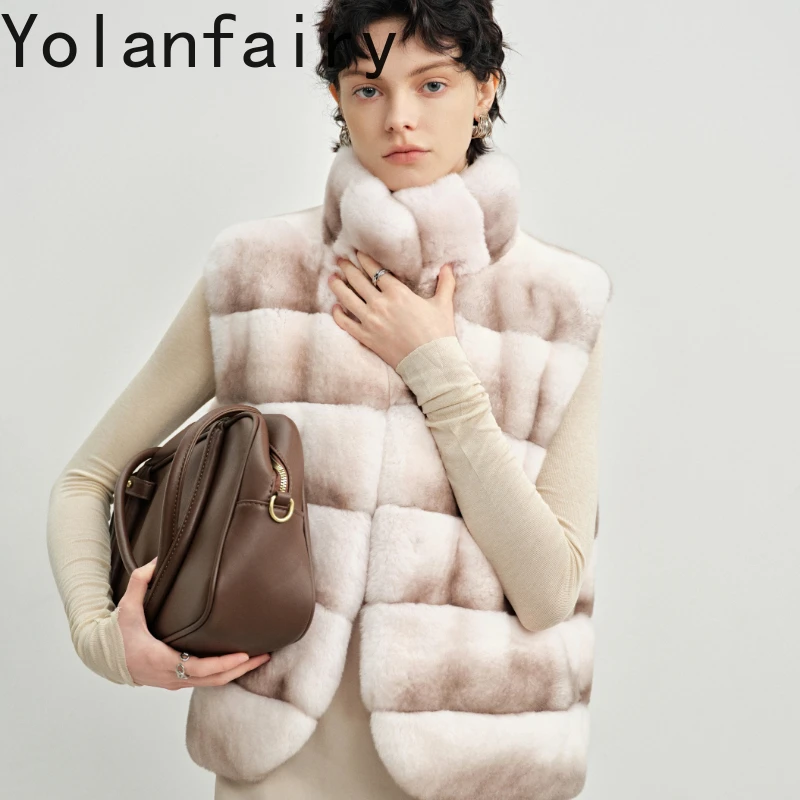 

YOLANFAIRYAutumn and Winter Imported Totoro-patterned rex rabbit fur vest stand collar Sleeveless simple and short fur coat 2025