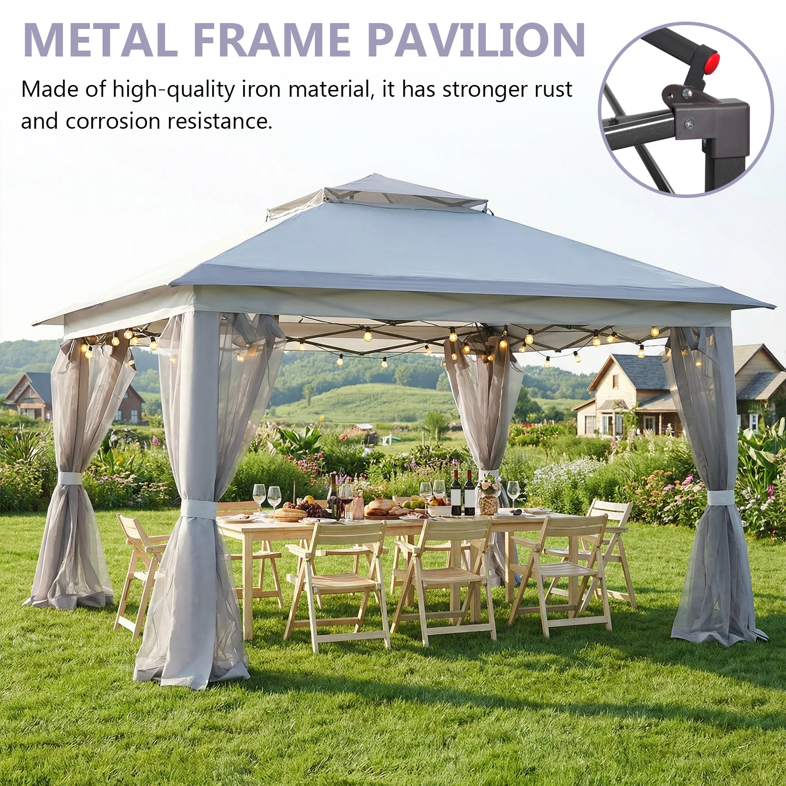 

10x10ft Portable Soft Top Gazebos with Metal Frame & Stakes & Mosquito Nets Permanent Four Corner Tent for Backyard Parties BBQs