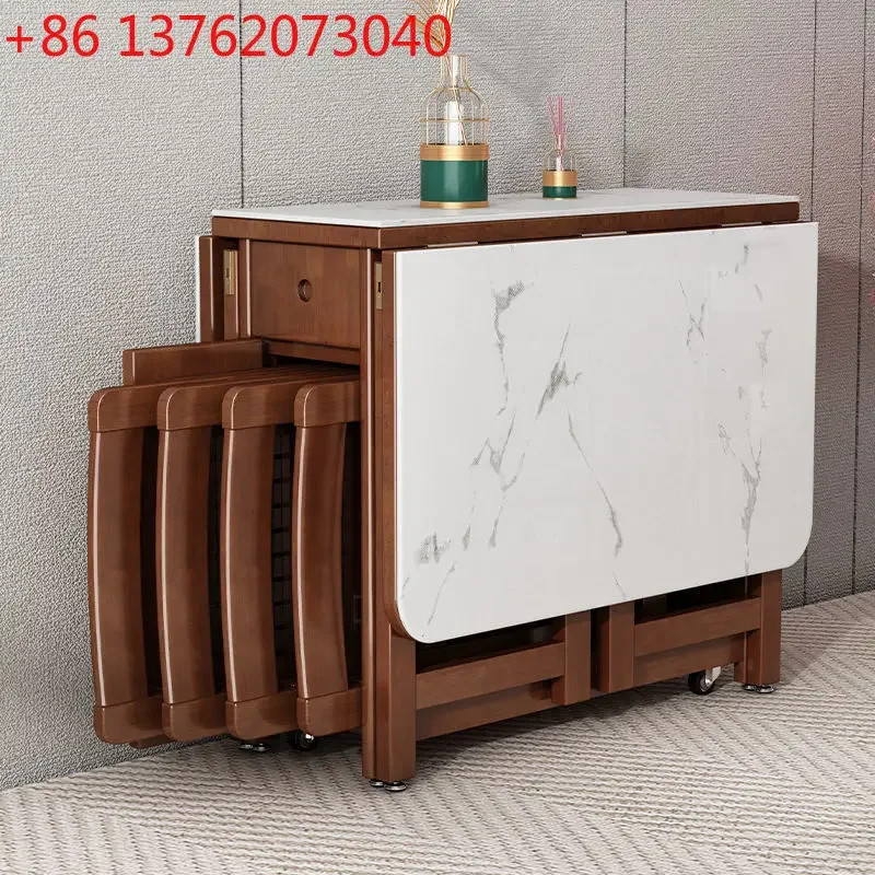 Slate folding dining table Solid wood Nordic small household simple retractable mobile folding table