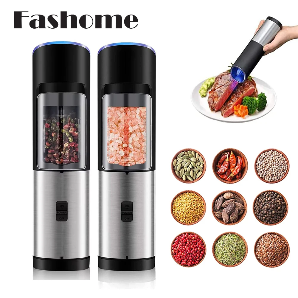 

2pcs Electric Automatic Salt And Pepper Grinder With LED Light Adjustable Coarseness Stainless Steel Kitchen Spice Mill Grinder