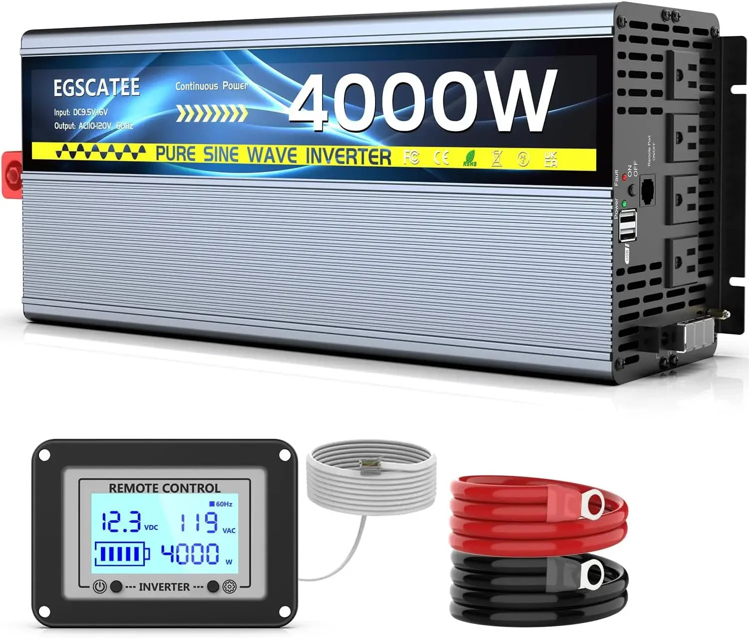 4000W Pure Sine Wave Inverter 12V DC To 120V AC Converter for Truck Home RV Peak 8000W Off-Grid Solar Power Inverter