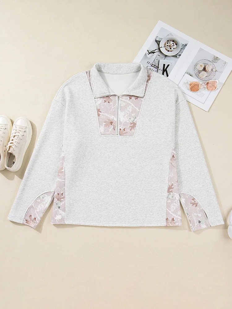 GIBSIE Plus Size Stand Collar Printed Zipper Front Pullover Hoodie Women Casual Long Sleeve All Match Woman Sweatshirts 2025 New