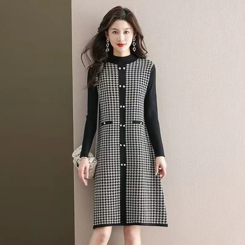 Women Plaid Patchwork Chic Casual Pullovers Autumn Winter Knitted Thick Warm Sweater Dress 2025 Korean Elegant Party Night Dress