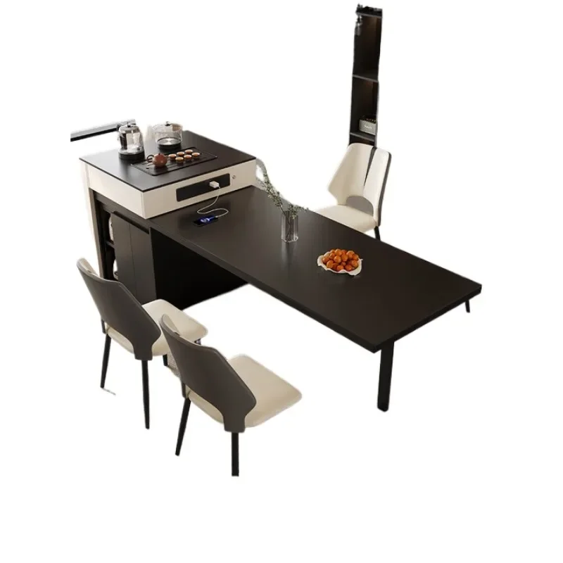 

Rock slab island dining table integrated household retractable table simple cream style rectangular dining table