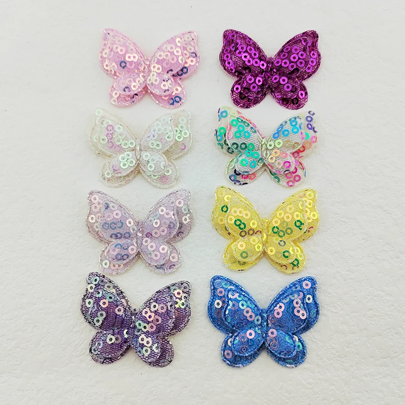 32 Stück, 4 x 3,5 cm, doppellagige Schmetterlingsapplikationen mit Pailletten, zum Aufnähen auf Babysocken, -mützen, für DIY-Kopfbedeckungen und als Accessoires. – Detail 2