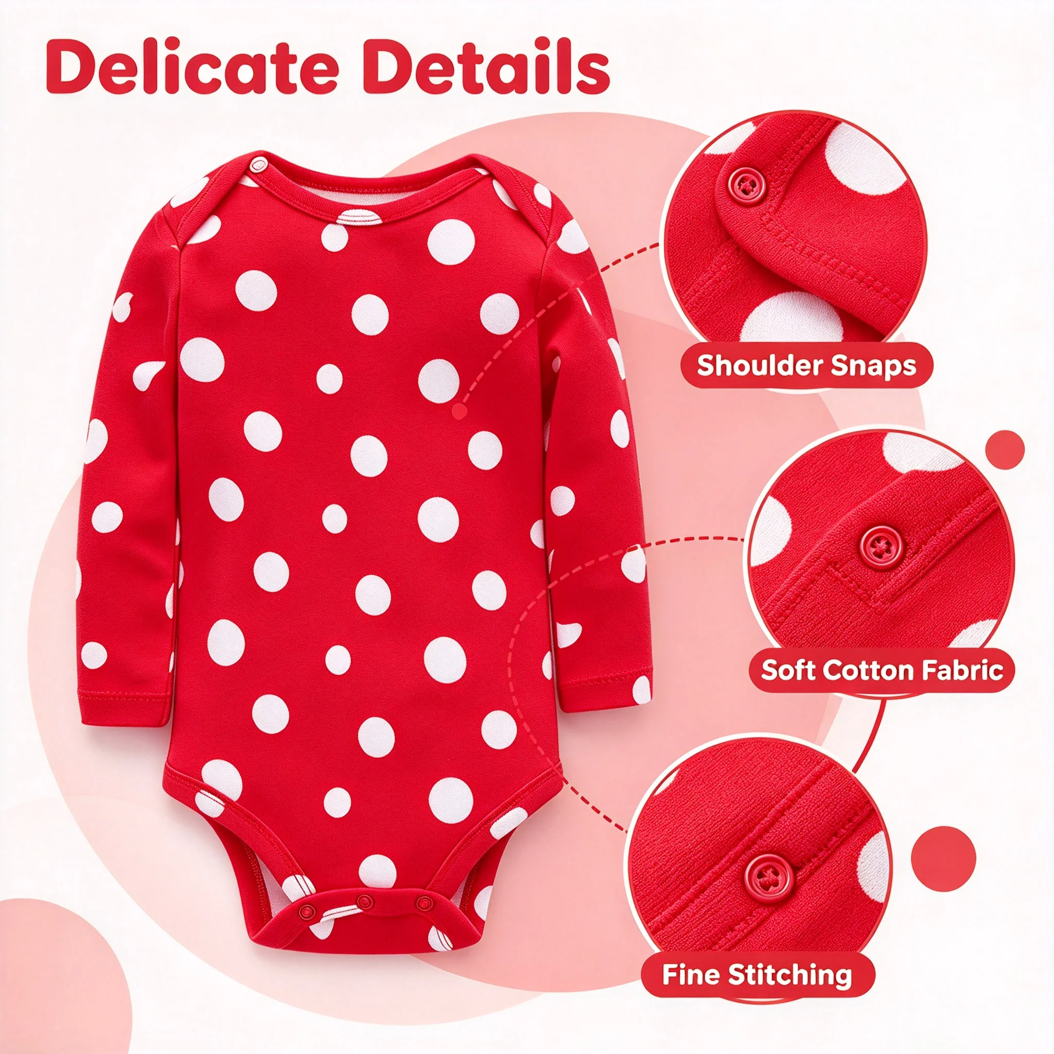 100% Pure Cotton Baby Long Sleeve Bodysuit Red White Polka Dot Print Infant Lap Shoulder Romper with Crotch Snaps Toddler Daily