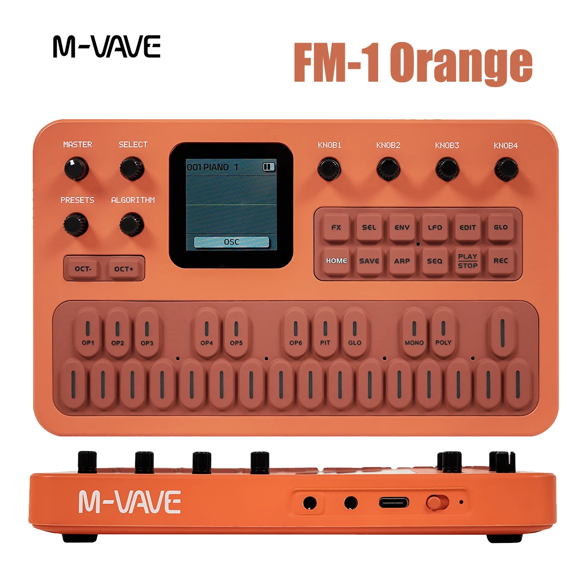 M-VAVE FM-1 (SK15) Orange Portable FM Synth – 6-Operator Engine, 128 Sounds, Arpeggiator, Sequencer, USB/Bluetooth MIDI