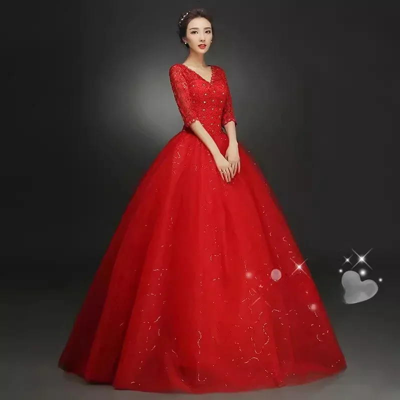 Red Wedding Dresses Lace Crystal V-neck Half Sleeves Sequins Bling Sequins Tulle Princess Floor-length Plus size Bride Ball Gown