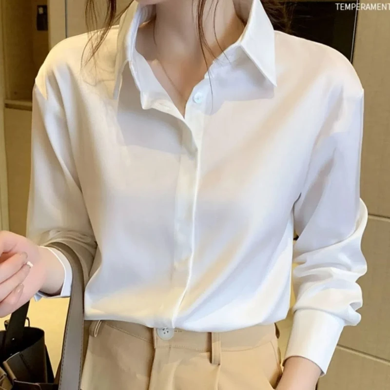 Camicia professionale in Chiffon nero da donna a maniche lunghe con scollo a Polo con temperamento solido Top primavera autunno nuova moda