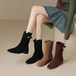 2023 New Autumn Winter Cow Suede Women Boots Square Toe Mid-calf Boots for Women Chunky Heels Boots Zapatos Mujer Western Boots