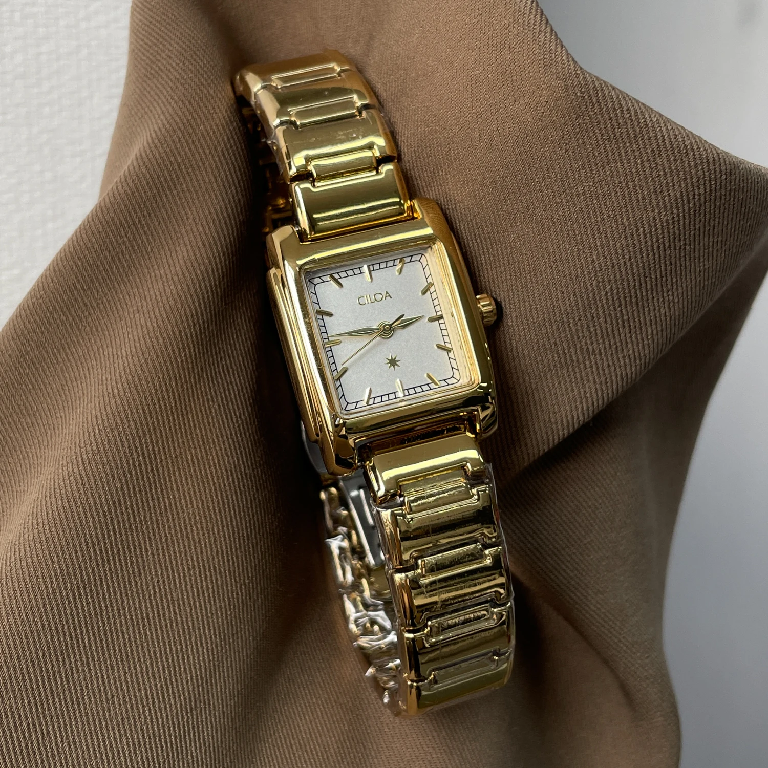 CILOA-Women Gold Square Watch, Sunburst White Dial Stainless Steel Band Quartz Wristwatch-745