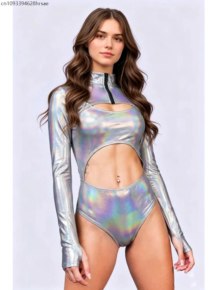 Iridescent Cut Out Bodysuit Long Sleeve Zip Front Suit Women Beach One Piece Swimsuit Music Festival Rave Party Cosplay Costumes