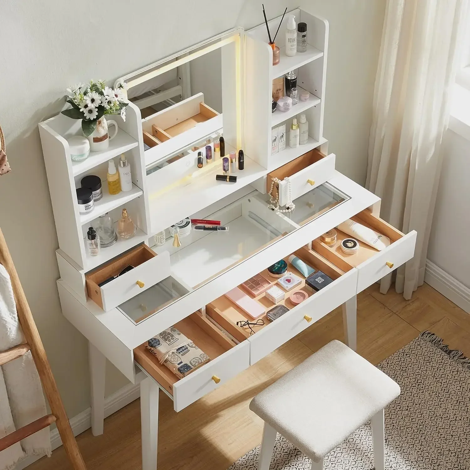 Modern Makeup Dressing Table with Mirror and Light 42 Inch Glass Tabletop Table with 5 Drawers and Shelves Including Chairs Ligh