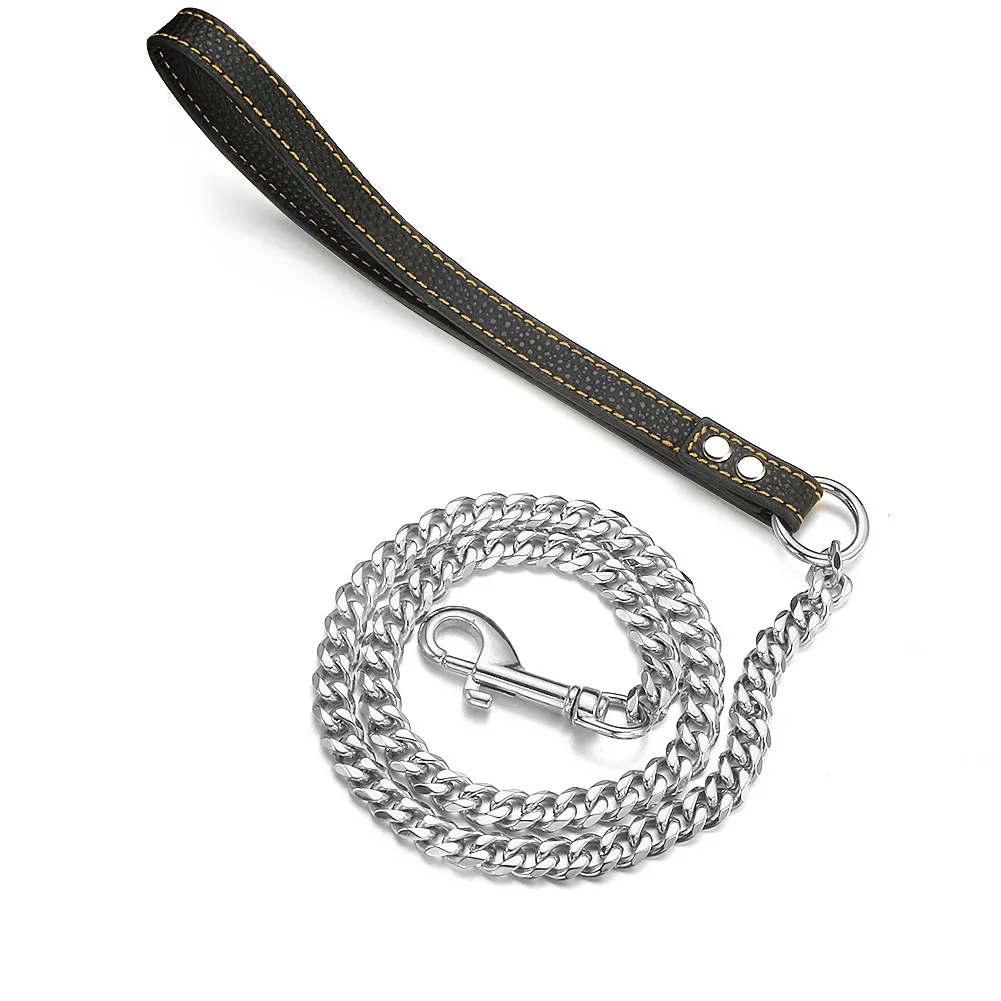 11mm/15mm Silver Stainless Steel Curb Cuban Link Chain Leash with Leather Handle for Small Medium Large Dogs 3FT/4FT/5FT