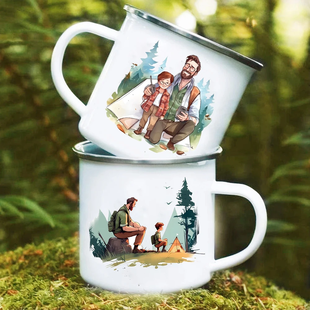 

Dad and Son Camping Printed Mug Camping Enamel Cup Campfire Party Beer Drinks Coffee Mugs Handle Cups Best Gifts for Men Boys