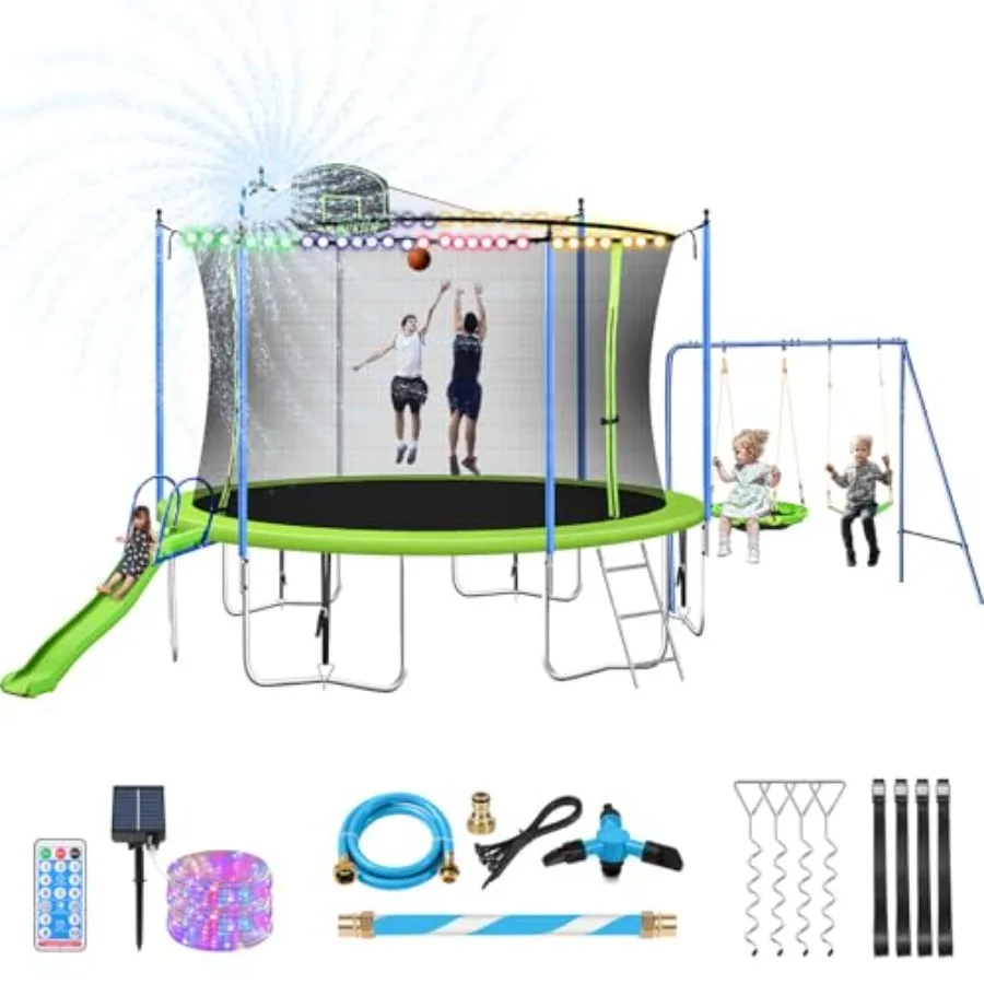

Outdoor trampoline with slide and swings for backyard use, galvanized steel frame, black color, ASTM-approved safety design
