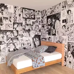 Papel tapiz de Anime Ghost Slayer Blade, autofoto de cómic en blanco y negro, decoración de dormitorio de una pieza, póster de pared, pegatina