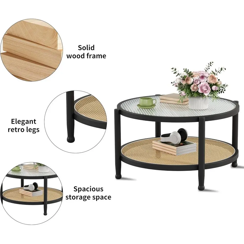 32 طاولة قهوة ريفية بوهو راتان مع سطح من الزجاج المقسى، لهجة تخزين من الخشب الصلب لغرفة المعيشة