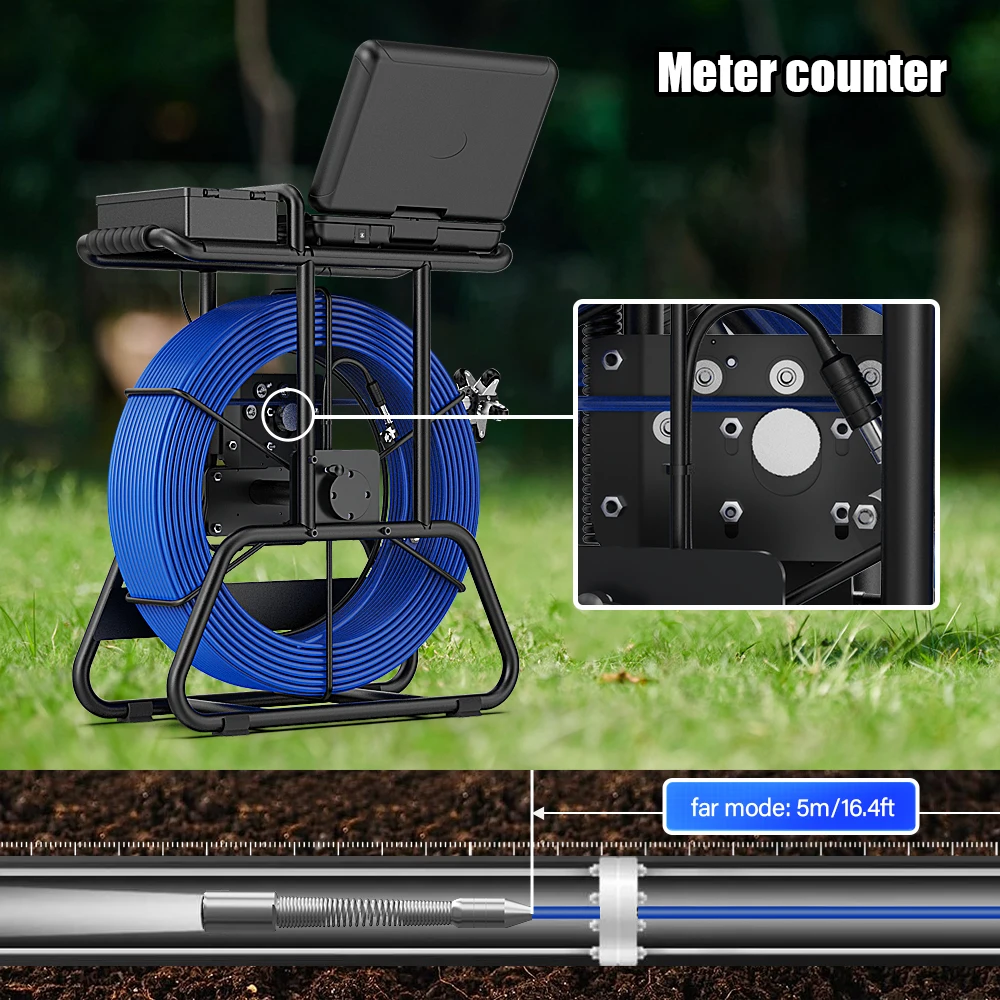Sewer Inspection Endoscope Camera 10 Inch IPS 1080P DVR Self‑Leveling 7mm Fiberglass Cable Meter Counter
