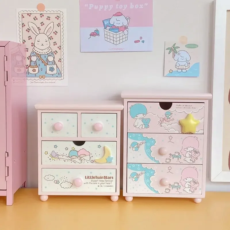 Hot New Sanrio My Melody Little Twinstars Storage Box Wooden Drawer Jewelry Desktop Decoration Tidy Storage Rack Gifts For Girls