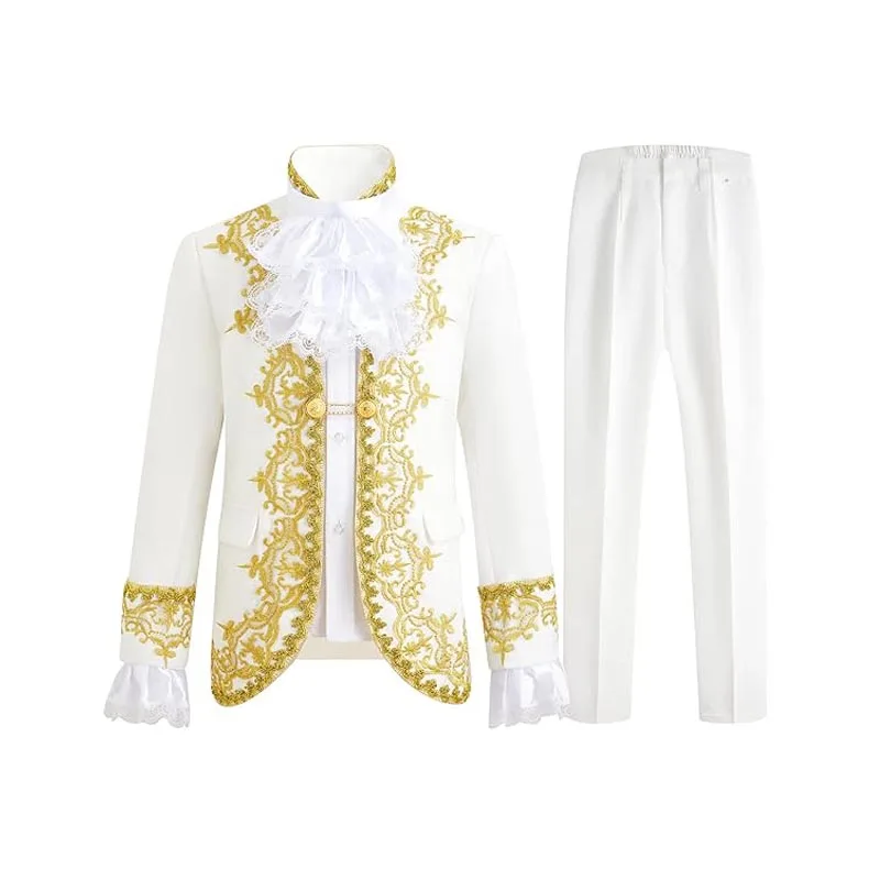 Boys Golden Flower Jacket Pants Tie 3PS Drama Dress Kids Prince Charming Cosplay Costume Children Performance Photograph Suit