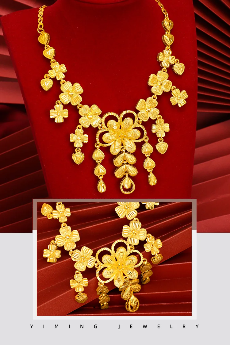 24K real gold  9999 yellow gold Women\'s Wedding Necklace Flower Necklace Wedding Set Chain Ethnic Style Vintage Hollow