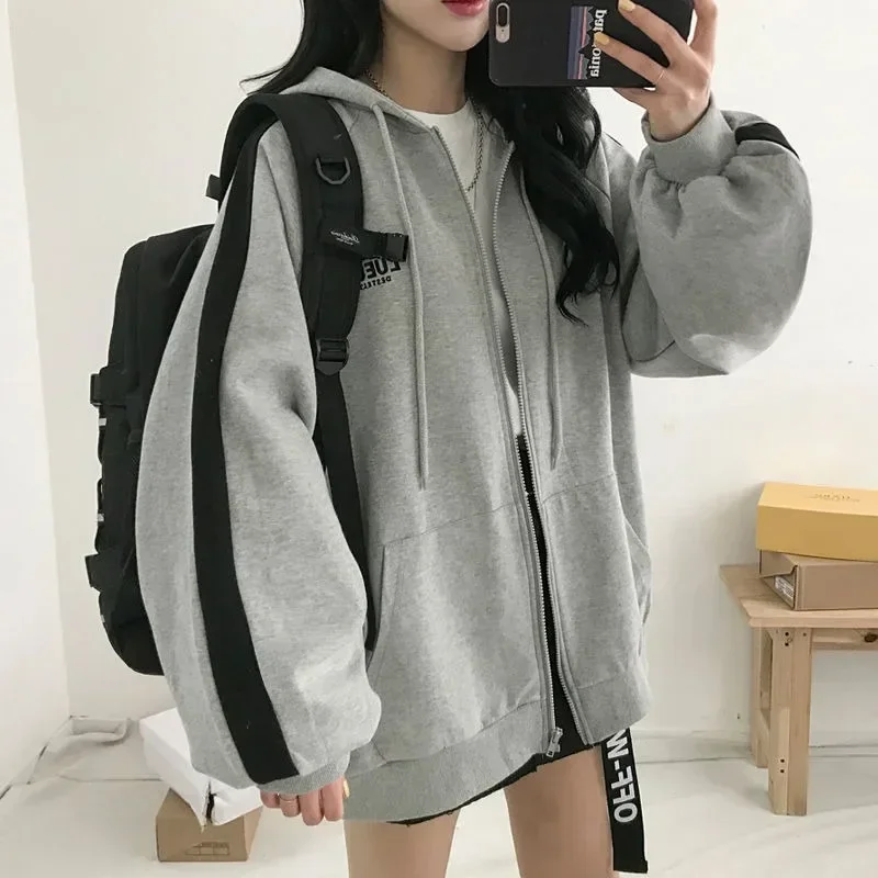 Y2k Women Casual Oversized Sweatshirt Female Streetwear Hooded Coats Pocket Loose Zip Up Harajuku Hoodies Female Zipper Jacket