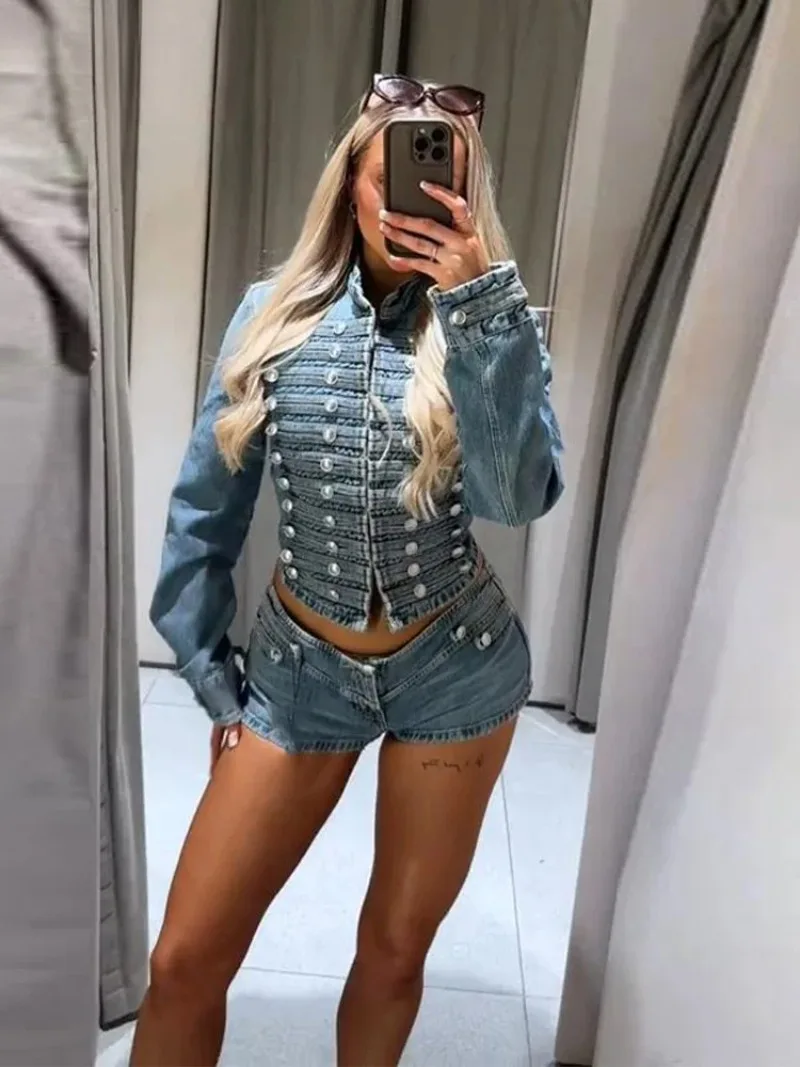 

Fashion Rivet Denim Shorts Suits Women Slim Full Sleeve Waist-cinching Coat Straight Short 2026 New Ladies Spring Summer Outwear