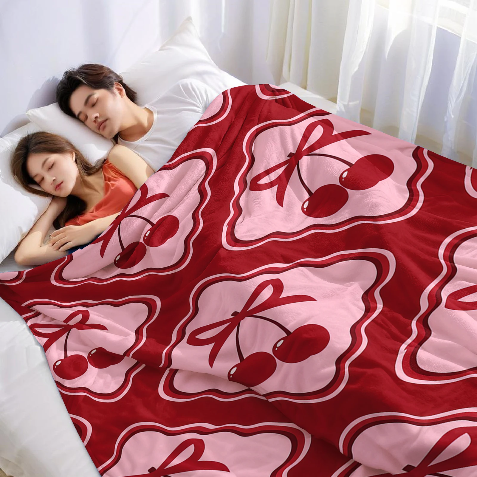 Red Frame Cherry Bow Lightweight Microfiber Soft Christmas Fleece Blanket Warm Cozy Throw for Bed Sofa Office Travel All Season
