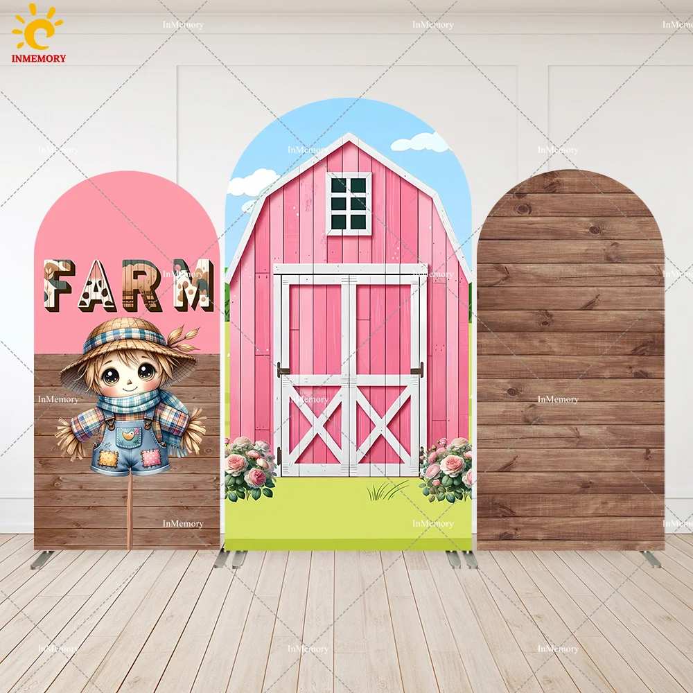 

Pink Barn Farm theme Girls Birthday Supplies Arch Backdrop Cover Wooden Newborn Baby Shower Party Arched Wall Photobooth