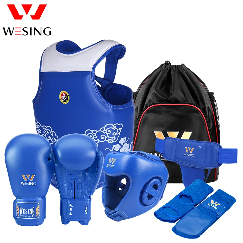 WESING PU Leather 6 Pieces Sparring Gear Set Martial Arts Sanda Wushu Equipment Gear Set