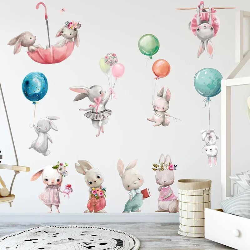 New Watercolor Cartoon Bunny Wall Stickers Baby Nursery Wall Decals for Kids Room Living Room Bedroom Home Decor Rabbit Stickers