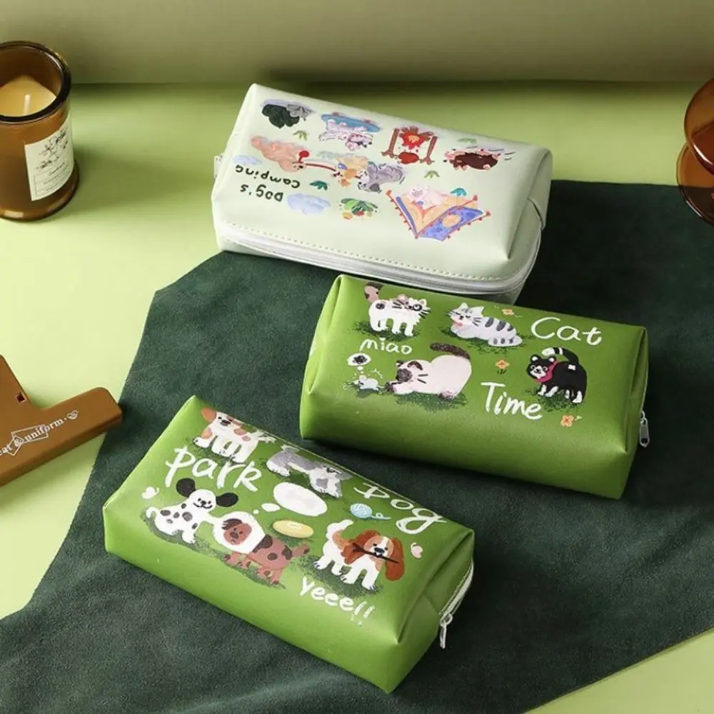 Cat Dog Outing Puppy Pen Bag Leather Large Capacity Graffiti Animal Pencil Bag Zipper Cosmetics Stationery Storage Bag