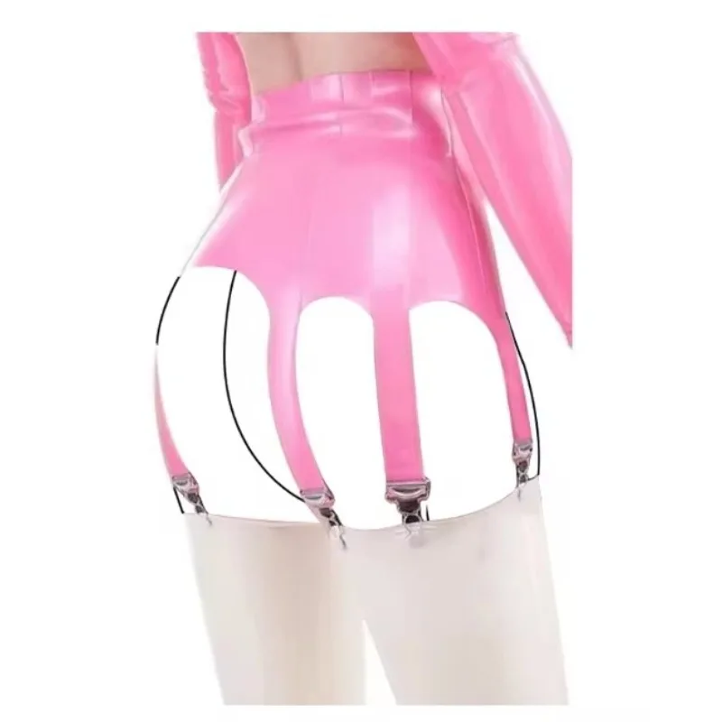 Pink Sexy Mini Latex Skirts With Garters For Stockings Front Zippers Rubber Bottoms