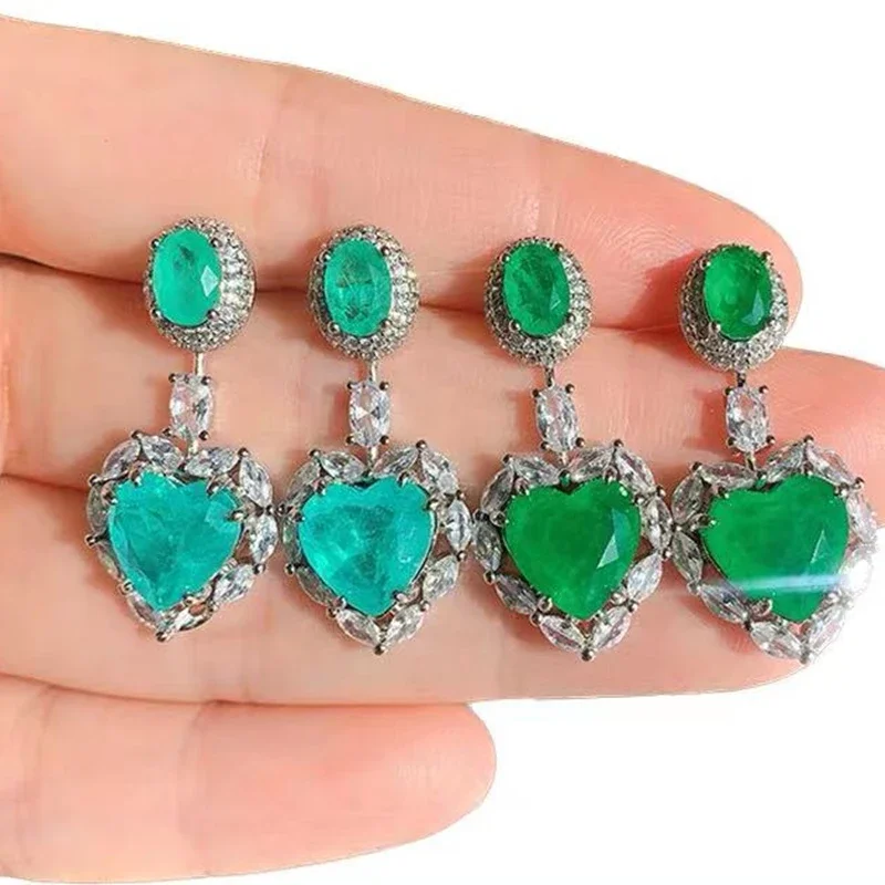 Vintage Heart Paraiba Tourmaline Emerald Gemstone Drop Earrings for Women Wedding Fine Tassel Jewelry