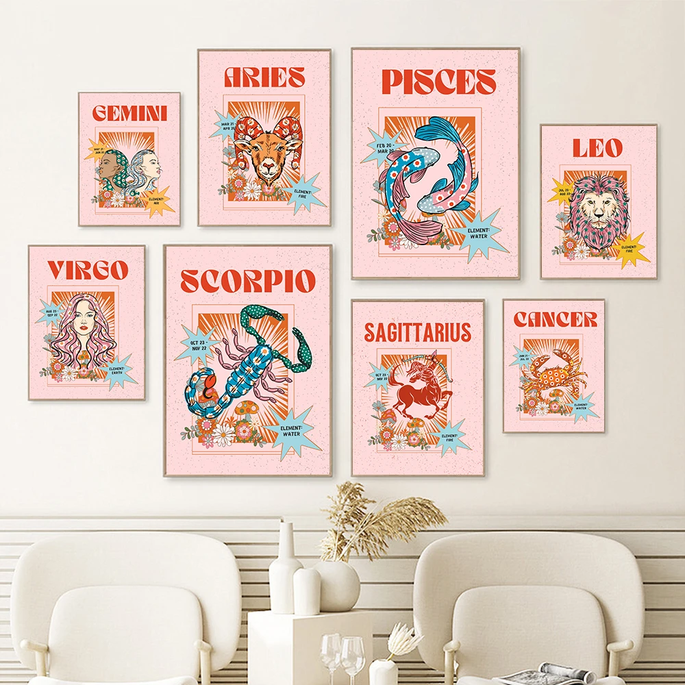 

Virgo Pisces Scorpio Leo Zodiac Animal Wall Art Astrology Poster Star Sign Print Retro Canvas Painting Kids Bed Room Home Decor