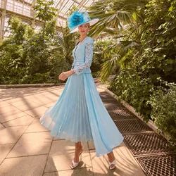Customized Sky Blue Mother of the Bride Dresses Lace with Jacket Mother Gowns 2024 Mid Calf Wedding Party Dresses Long Sleeves