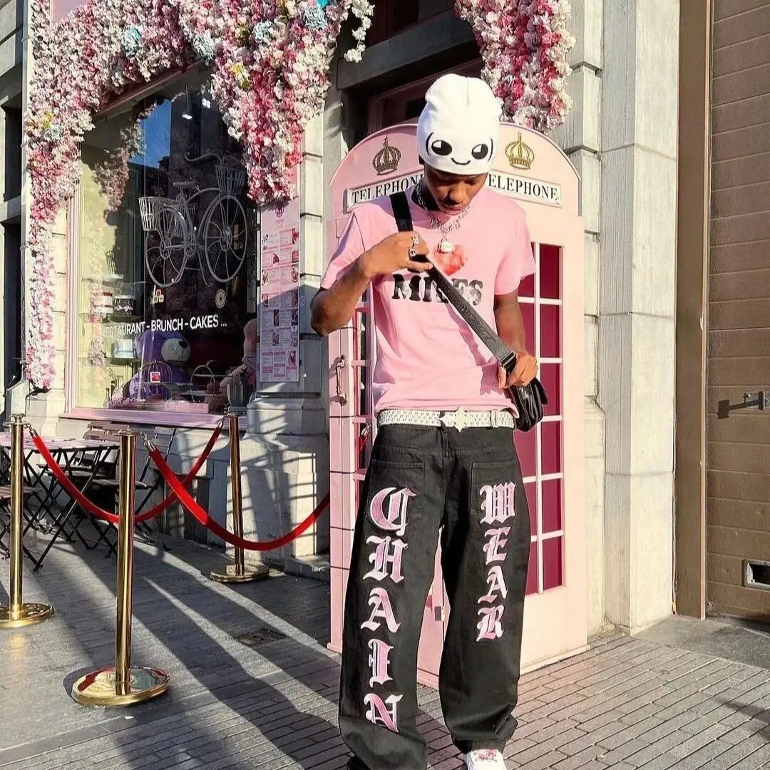 

American high street letter retro trendy brand men's printed jeans versatile loose casual straight leg pants long pants