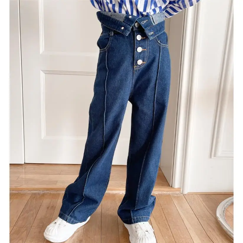 Girl High Waist Jeans Children Loose Wide Leg Straight Denim Pants Teenage Korean Trousers Kids Jeans 6-16 Years 2022 New Wz599