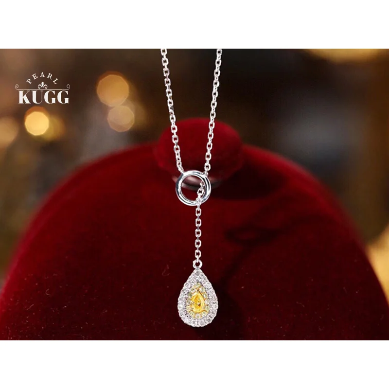 KUGG 18K White Gold Necklace Fashion INS Style 0.25carat Real Natural Yellow Diamond Pendant Necklace for Women Birthday Gift