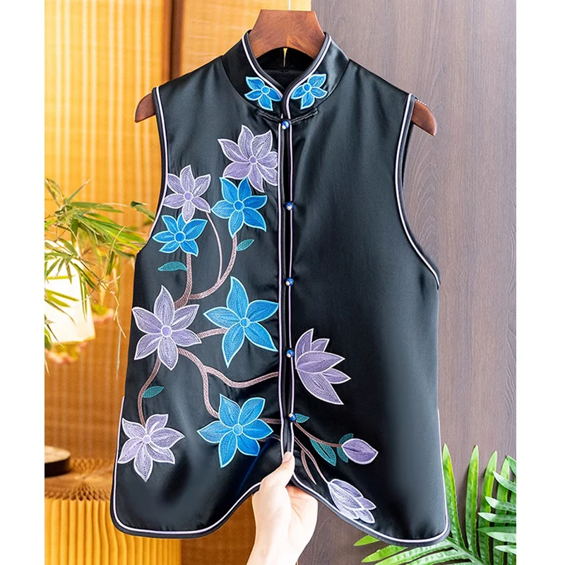 High Quality Standing Collar Single Breasted Vest Women's Spring 2024 New Chinese Style Floral Embroidery Sleeveless Top  S-XXL